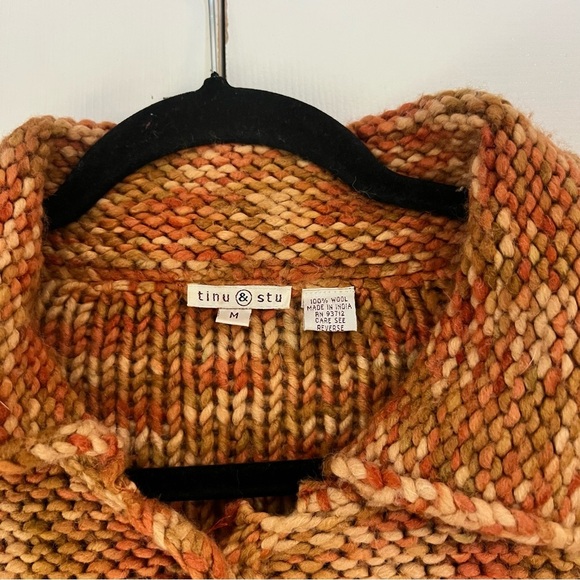 Tinu & Stu Chunky Knit Wool Orange Collared Cardigan Sweater Size Medium Womens - Picture 9 of 9